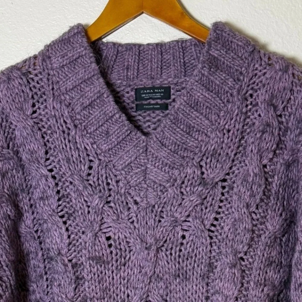 Zara Man Men Sweater Medium Purple‎ Wool Alpaca Blend Cable Knit Italian Yarn